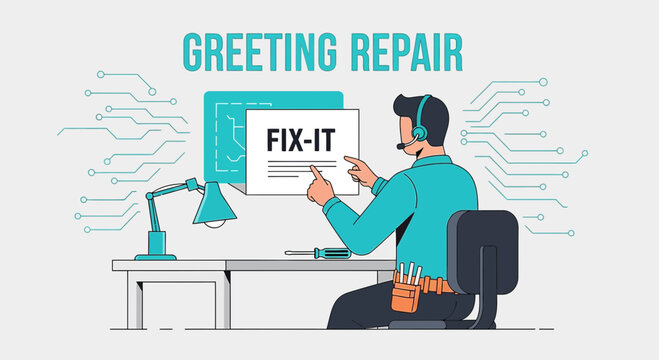 Tech Support Person Fixing Computer Screen with "Fix-It" Message
