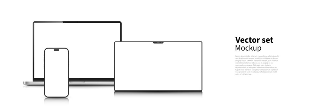 Set of laptop, phone, and tablet layouts with blank screens on a white background. Device screen mockups for the presentation of your design. Vector EPS 10.