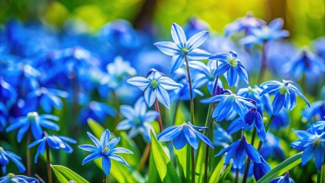 Vibrant Blue Spring Flowers Blooming in Sunlight, a Delicate and Colorful Floral Display in a Lush Garden Setting