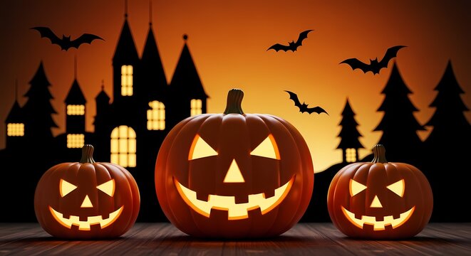 Halloween Pumpkins with Haunted Castle Silhouette