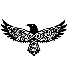 Black Raven with Celtic Knot Wings and Tail, Viking Symbol, Norse Mythology