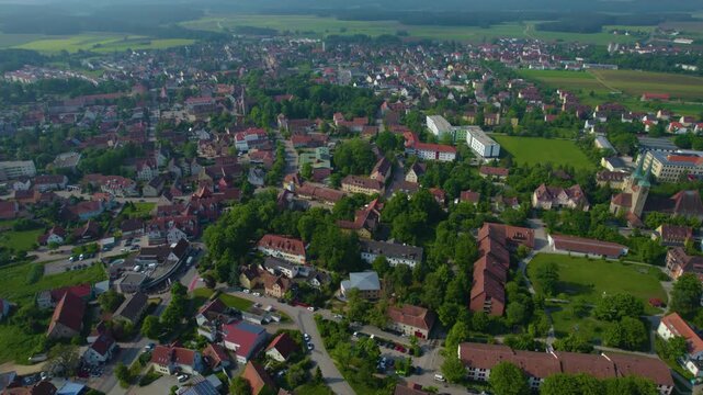 Aerial view of the city Neuendettelsau in Germany, Bavaria on a sunny day in Spring