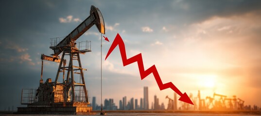 Oil pumpjack machine and arrow decrease. Fuel energy crisis. Generative AI technology.