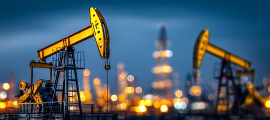 Oil pumpjack machine with refinery plant background. Generative AI technology.
