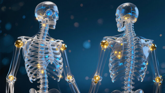 Human skeleton dual view, joint highlight shows medical tech