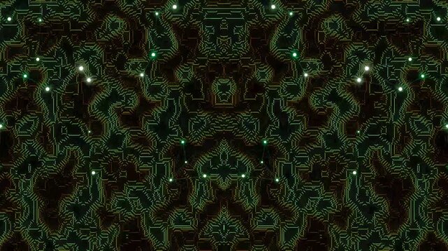 Intricate green pattern with glowing lights on dark background.