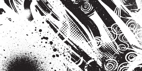 Bold Diagonal Black and White Abstract Grunge Background with Spirals and Halftone Dots. Dynamic Spray Paint Brush Strokes and Splatters for Urban Art and Graphic Design. © HexaFrame