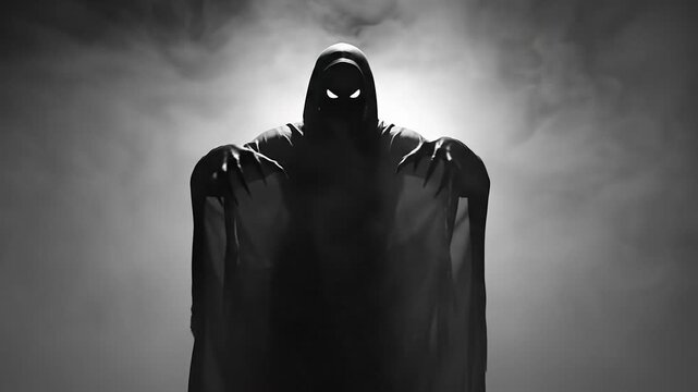 Mysterious Grim Reaper Silhouette with Glowing Eyes in Fog