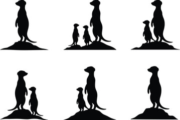 Black meerkat silhouettes standing upright on mounds, artistic vector illustration showcasing social behavior, alert posture, wildlife vigilance © Moyuri