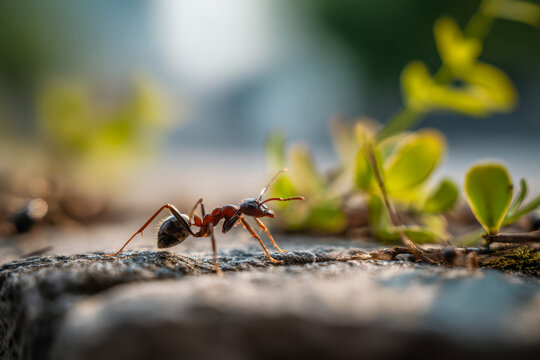 Detailed side view of a red and black ant walking on a textured surface with blurred green plants and natural outdoor lighting in the background