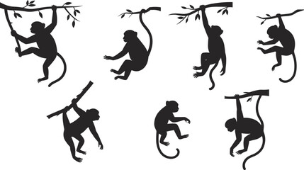 Black monkey silhouette illustration featuring multiple climbing, hanging, and sitting poses with leafy branches, primate wildlife artwork for jungle nature, education © Moyuri