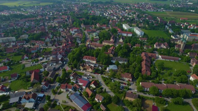 Aerial panorama view of the city Neuendettelsau in Germany, Bavaria on a sunny day in Spring
