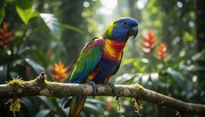 Obraz premium Vibrant Rainbow Lorikeet Parrot Perched on Mossy Branch in Lush Tropical Forest