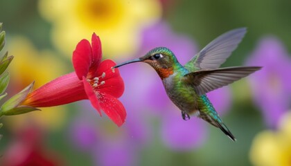Fototapeta premium Tiny iridescent hummingbird hovering near a vibrant red tubular flower, capturing its nectar
