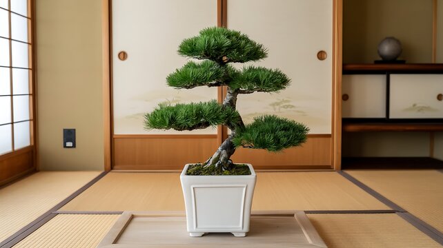 A serene bonsai tree in a traditional Japanese room with tatami mats and sliding doors, captured in a high-quality photograph