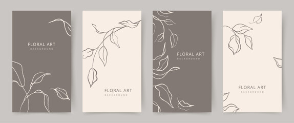 Elegant floral background set with hand drawn branches and leaves in neutral beige and brown colors. Vector design templates for wedding invitation, greeting card, poster, business card, social media  © Feodora_21