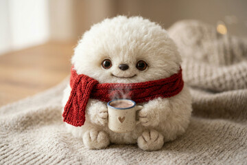 Fototapeta premium Round Woolly Monster with Tiny Horns Wearing Scarf and Holding Warm Mug