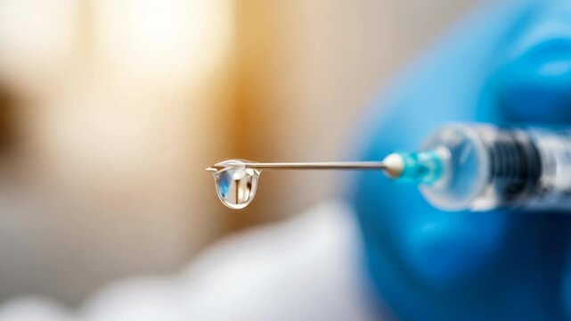 Close-up of Medical Syringe Needle with Droplet of Fluid and Blue Glove