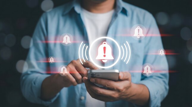 A man holds a smartphone displaying a glowing central notification bell icon, surrounded by smaller digital alert symbols for important updates.