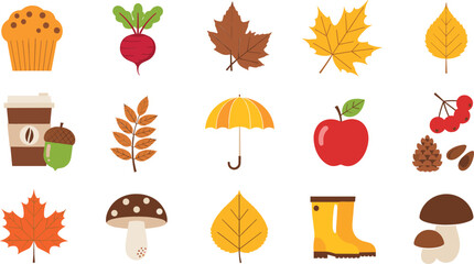 Autumn Fall Icons Collection with Leaves, Pumpkin Muffin, Coffee Cup, Apple, Umbrella and Seasonal Nature Elements Vector Set © Sanjida