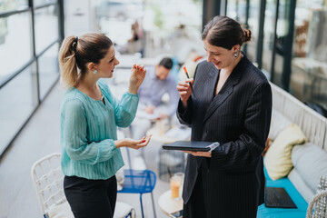 Two women in conversation about business collaboration, one taking notes on a notebook. A focused...