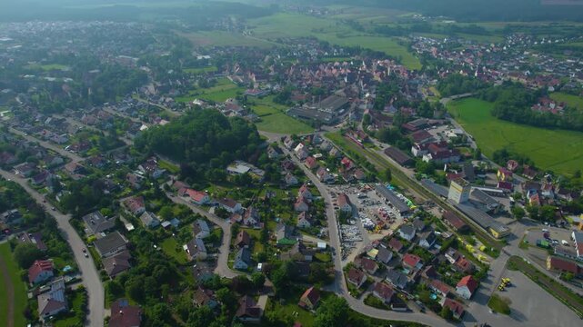 Panoramic aerial view of the city Windsbach in Germany, Bavaria on a sunny day in Spring.
