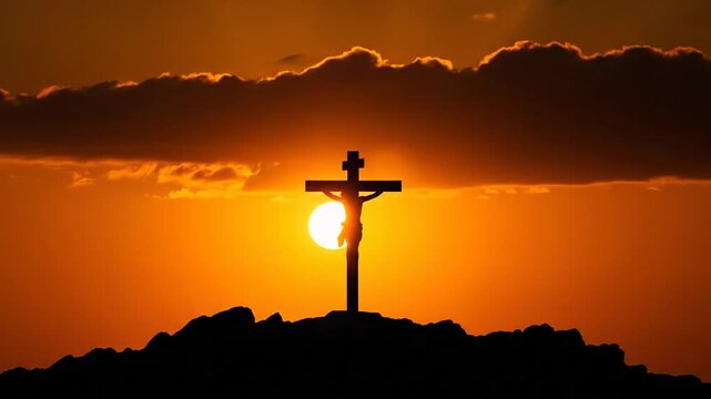 Silhouette of Jesus Christ Crucifixion on a Hilltop at Sunset
