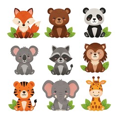 Fototapeta premium Cartoon animals sitting together in a row on green leaves
