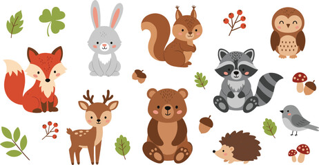 Naklejka premium Cute Forest Animals Collection with Fox, Bear, Raccoon, Deer, Owl, Hedgehog and Rabbit Cartoon Vector Illustration Set