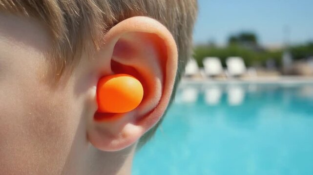 Child with earplugs in a swimming pool.