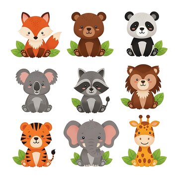 Cartoon animals sitting together in a row on green leaves