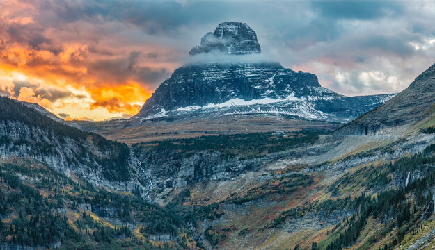 Sunset on the Going to the Sun Road in fall - Mount Oberlin - Glacier National Park	