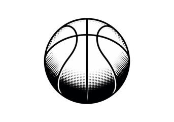 Stylized black and white basketball illustration featuring halftone shading, conveying dynamic energy and classic sports appeal on an isolated white background. ©  Victory Pixel