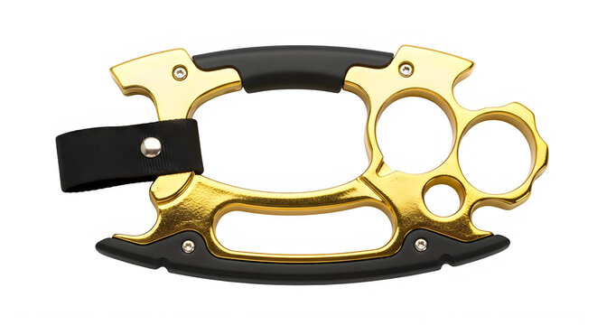 A gold and black knuckle knife with a sharp blade