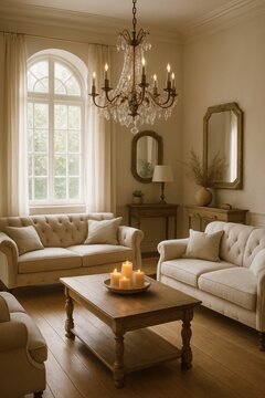 Elegant living room with classic interior design, large window, and cozy sofas