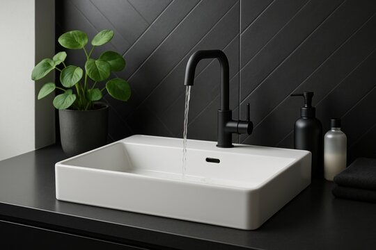 Modern bathroom sink with black faucet running water on elegant dark countertop