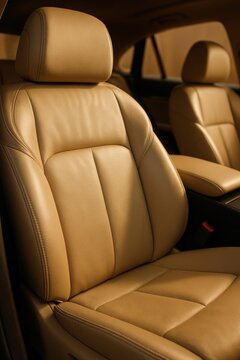Luxurious beige leather car passenger seat with detailed stitching inside a modern vehicle
