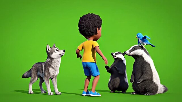 A cartoon boy with animals, a wolf, a badger, a skunk and a bird on a green background