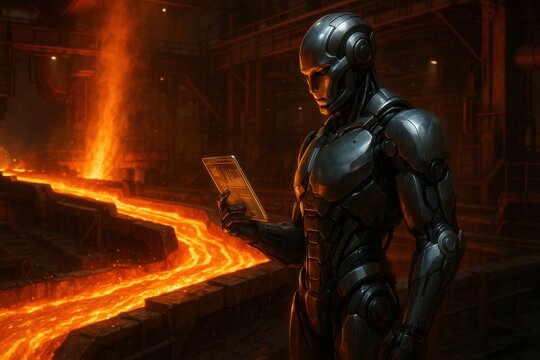 Robot analyzing data on tablet in molten metal industrial factory