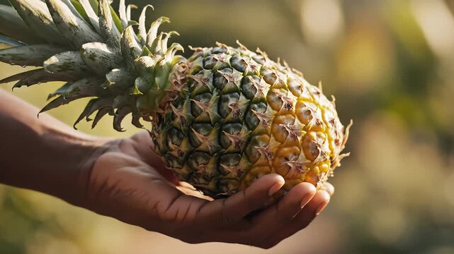 Closeup of a ripe pineapple being held gently in a persons hand showcasing its textured skin and vibrant yellow and green colors in natural sunlight.