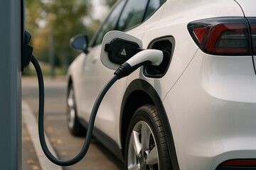 Naklejka premium White electric vehicle charging at outdoor station with green light