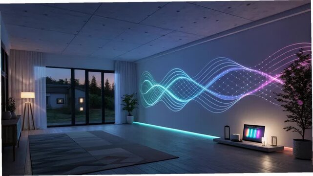 Modern Living Room with Wavy Neon Light Display and Evening View