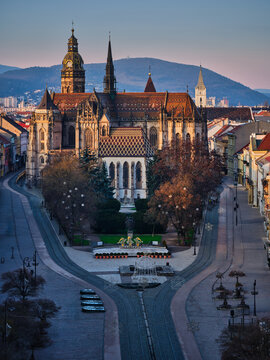 Kosice Cathedral Aerial Closeup And Empty Historic Street At Winter Sunset