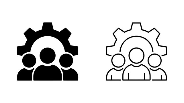 A large gear encompassing three stylized people icons, representing team management, organized collaboration, and collective efficiency.