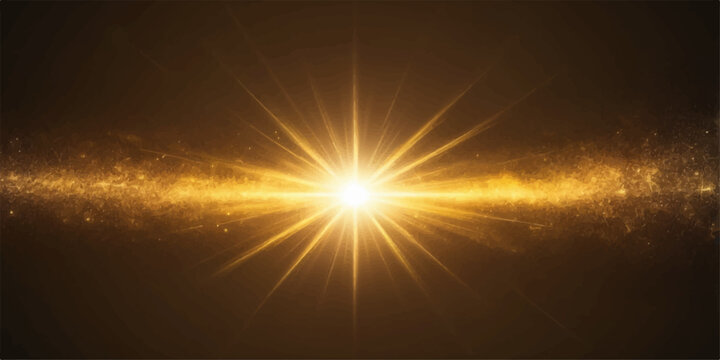 A bright sunrise burst of orange sunlight rays and glowing energy flares through a blue sky and space backgrounds texture for a nature design illustration