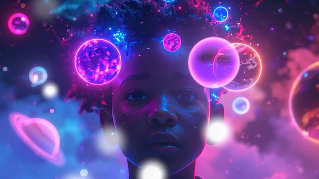 A person with planetary orbs floating around their head, dreamy and colorful
