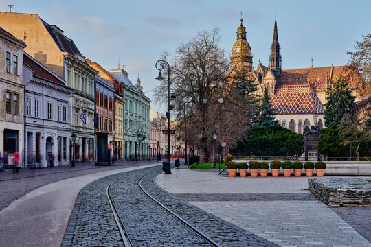 St Elisabeth Cathedral Behind Tram Tracks In Kosice Old Town