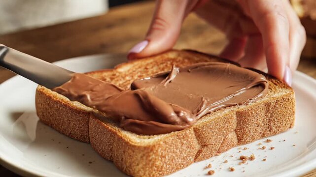 Applying chocolate spread on toast close up food preparation