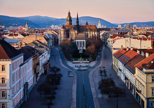 St Elisabeth Cathedral Kosice Slovakia Empty sunset Main Street Cityscape