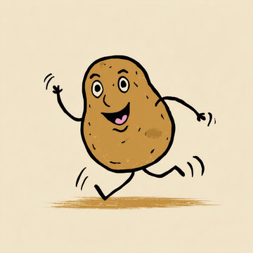S&uuml;&szlig;e Cartoon-Kartoffel mit Armen und Beinen, l&auml;chelnd auf hellem Hintergrund. Humorvolle Illustration f&uuml;r Ern&auml;hrung, Landwirtschaft, Kinderdesign, Maskottchen, Lebensmittel und kreative Food-Konzepte.